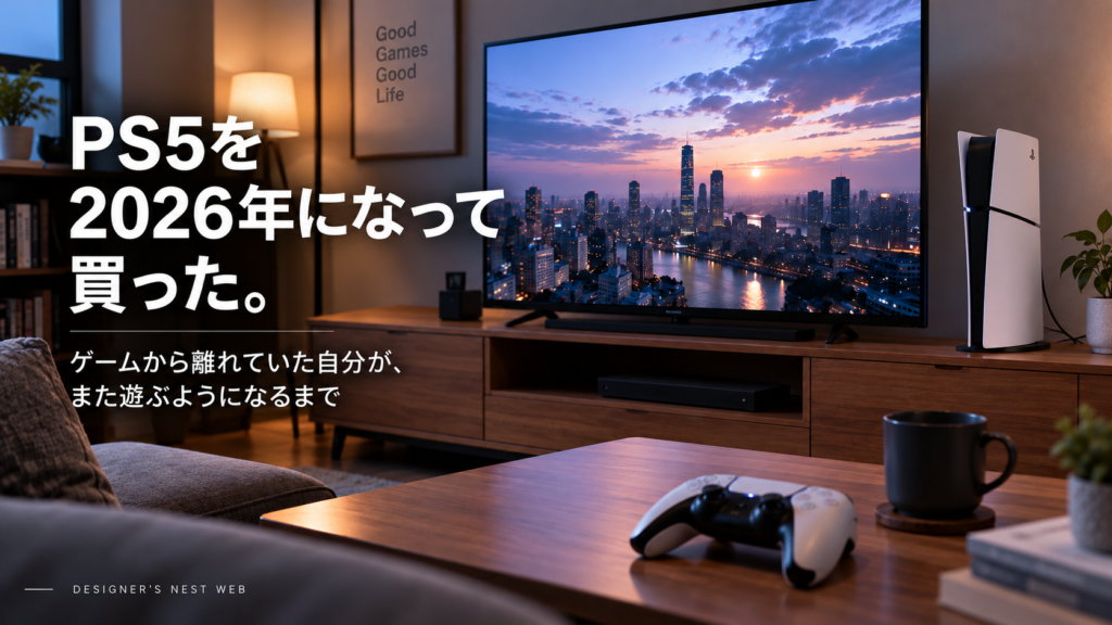 大きなテレビのあるリビングに置かれたPS5とDualSenseコントローラー