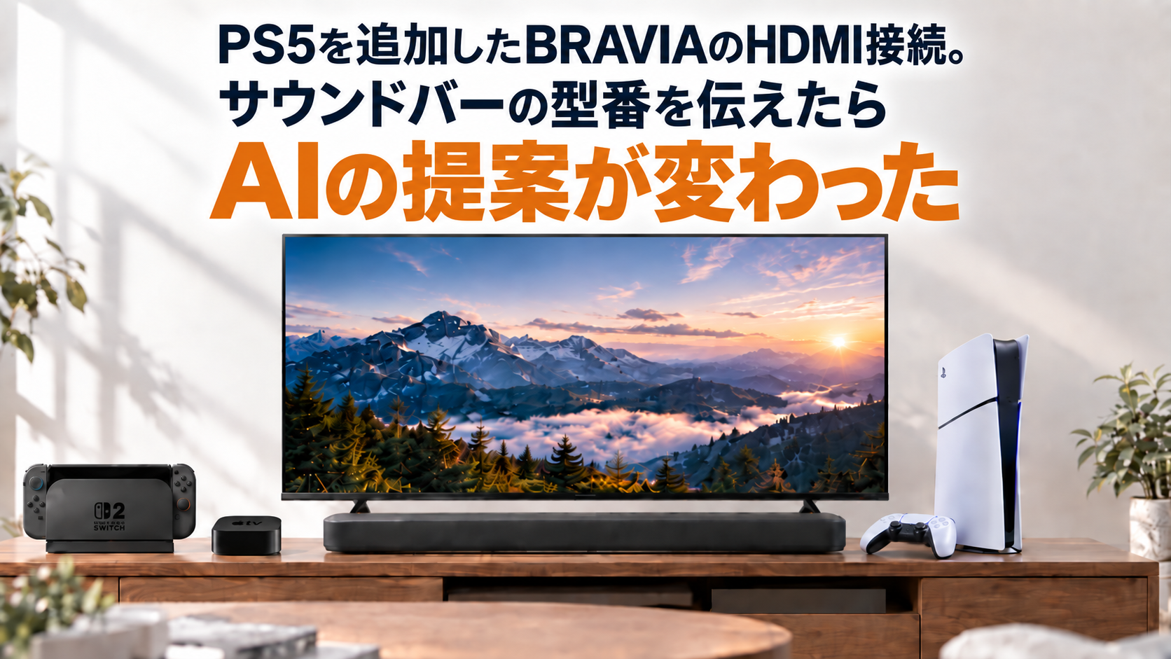 BRAVIA、サウンドバー、Switch 2、Apple TV、PS5を配置し、「サウンドバーの型番を伝えたらAIの提案が変わった」と示したアイキャッチ画像
